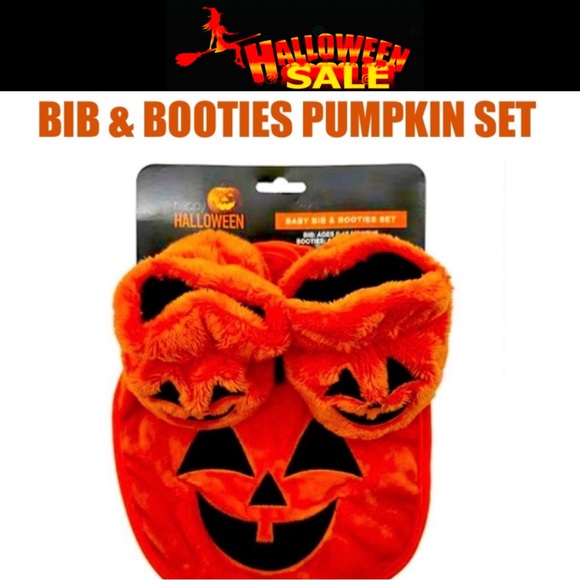 🎃 HAPPY HALLOWEEN Baby Bib & Booties pumpkin Set size 0-12 months NWT - Picture 1 of 7